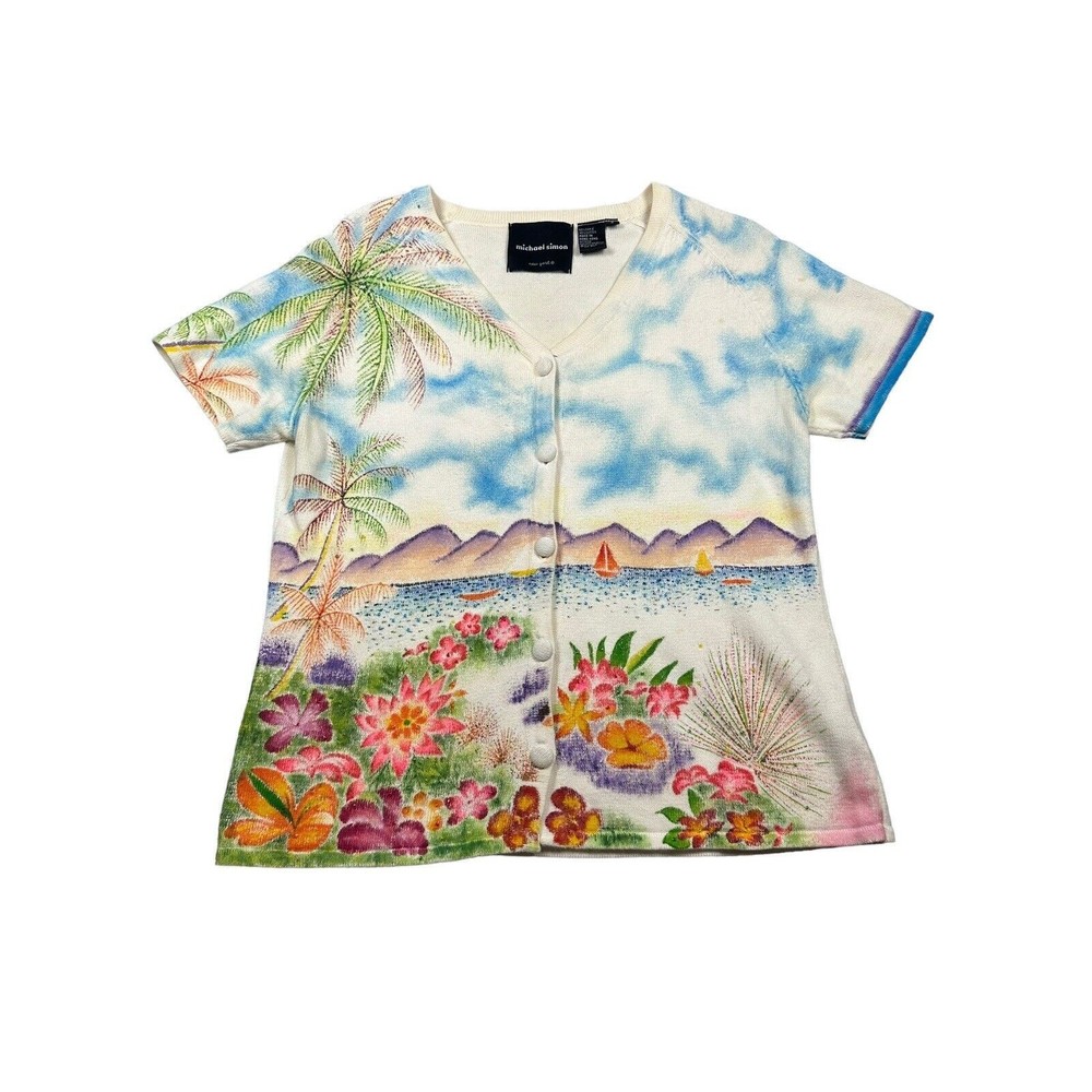 Michael Simon Cardigan Sweater Palm Tree Boats Small Tropical Beach Mountains